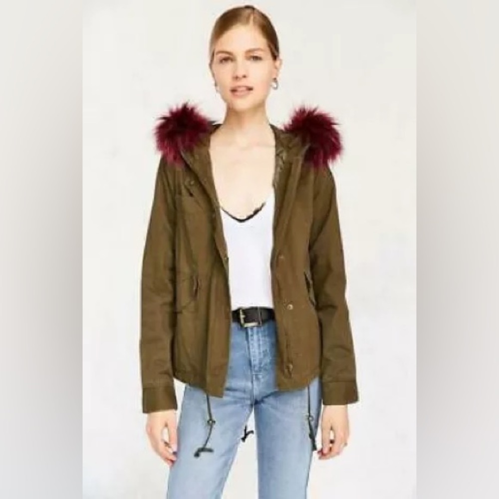 Silence + Noise faux fur trim hooded olive Jacket military parka